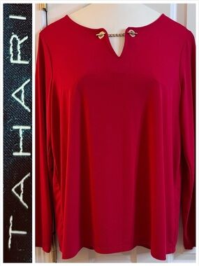 Tahari Top Pullover Blouse Red Long-Sleeve V-Neck Gold Chain stretch office XL